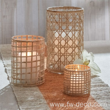 custom rattan woven hurricane candle glass cylinder vase